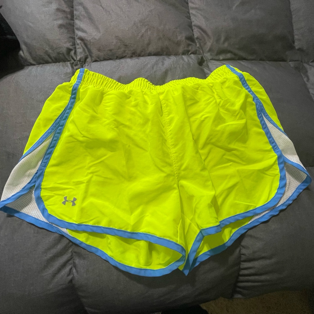 Under Armour White and Neon Yellow Athletic Shorts